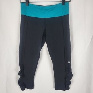 Lululemon Run Crop Capri Leggings Ruched Black Turquoise Pockets Zipper Sz 6